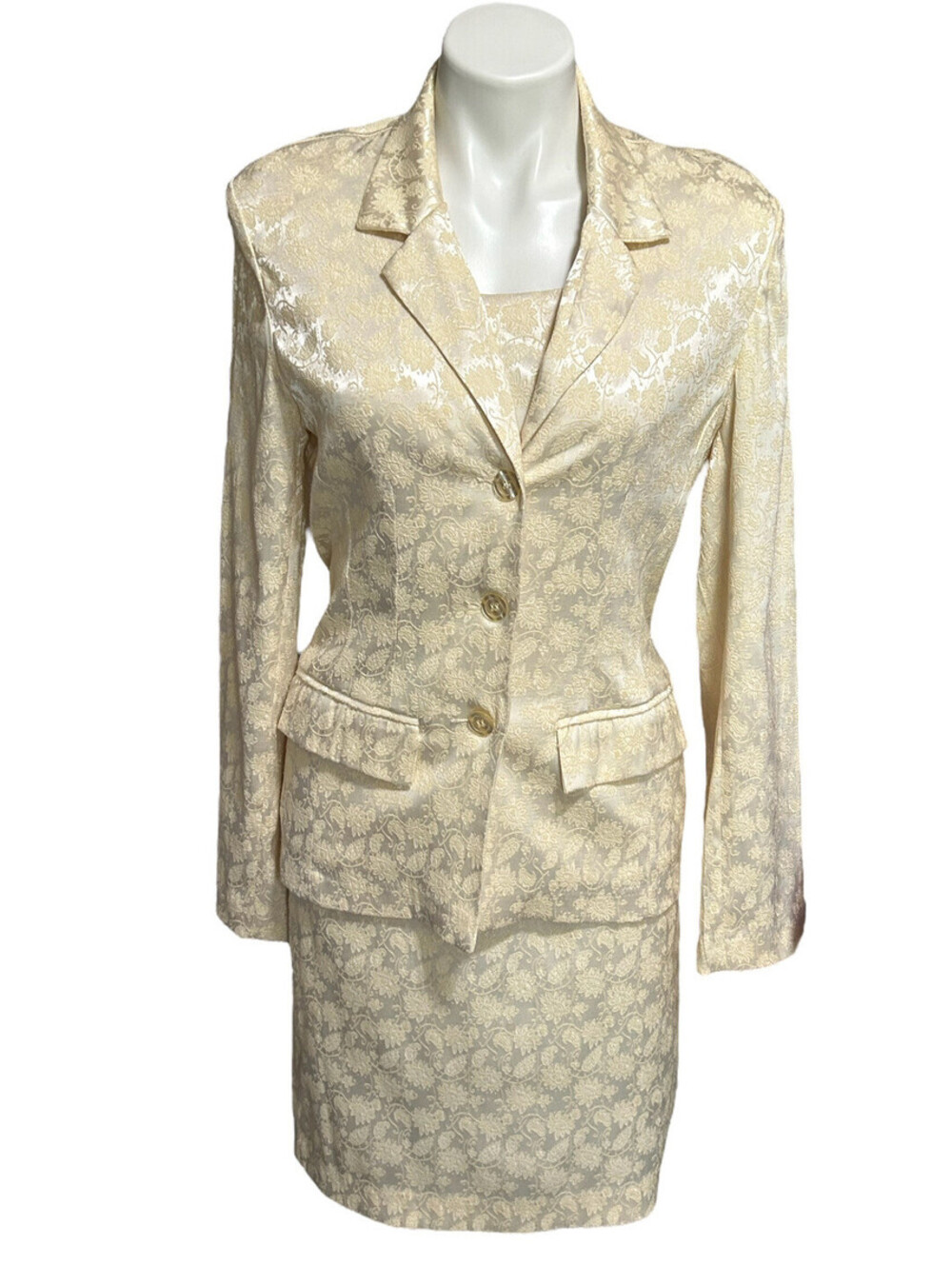 Vintage Styleworks Antique White Jacket Dress Embossed Stretch Knit Size M